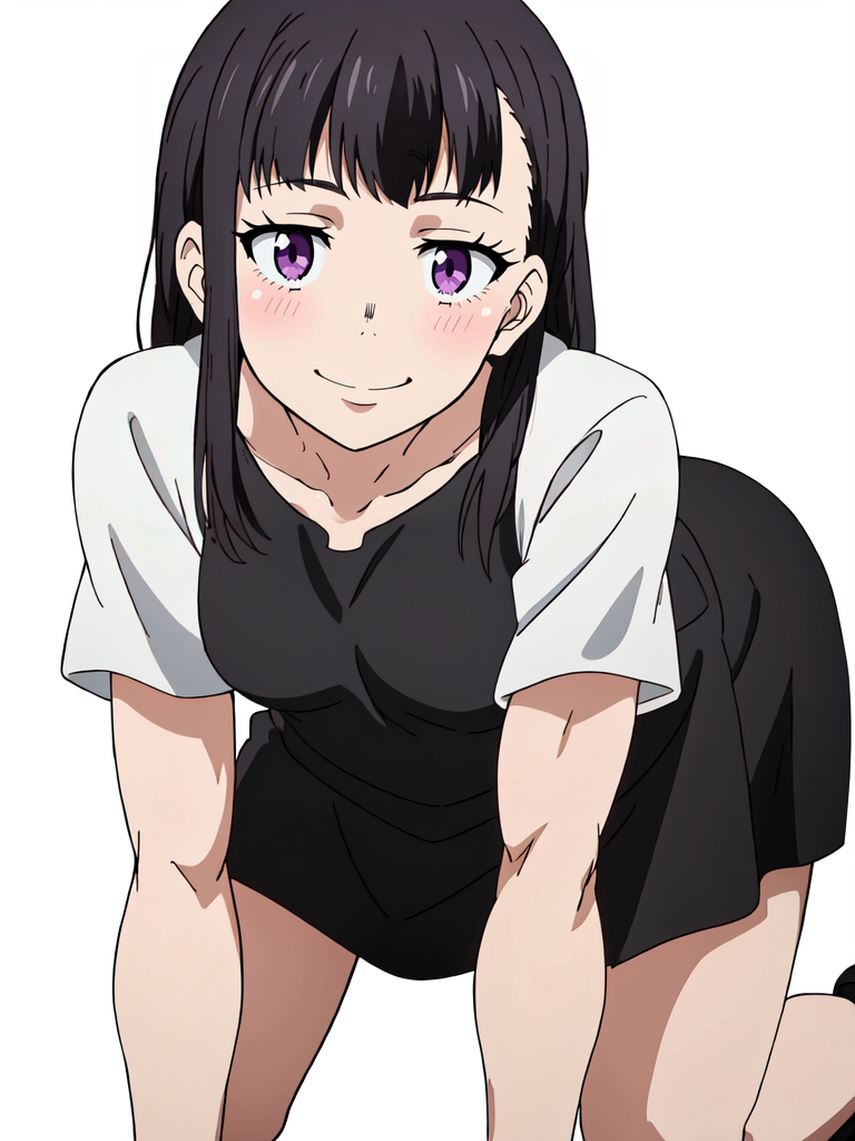 04656-2942219389-1girl, maki, solo, purple eyes, medium hair, black hair, smile, blush, dress, short sleeves, (muscular female_1), looking at vie.png